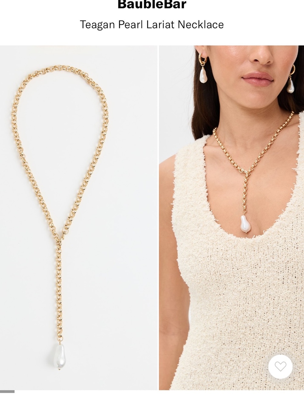 BaubleBar Gold Lariat Necklace with White Pearl Drop